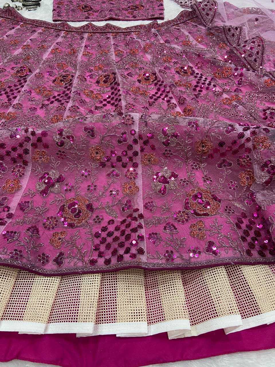 YNF BUTTERFLY NET RIN121 1002 LEHENGAS WHOLESALE EMBROIDERED DESIGNER NET FANCY SEQUNIS PINK LEHENGAS MANUFACTURER