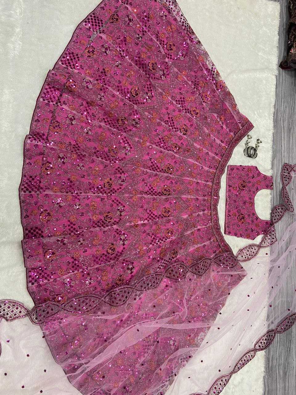 YNF BUTTERFLY NET RIN121 1002 LEHENGAS WHOLESALE EMBROIDERED DESIGNER NET FANCY SEQUNIS PINK LEHENGAS MANUFACTURER