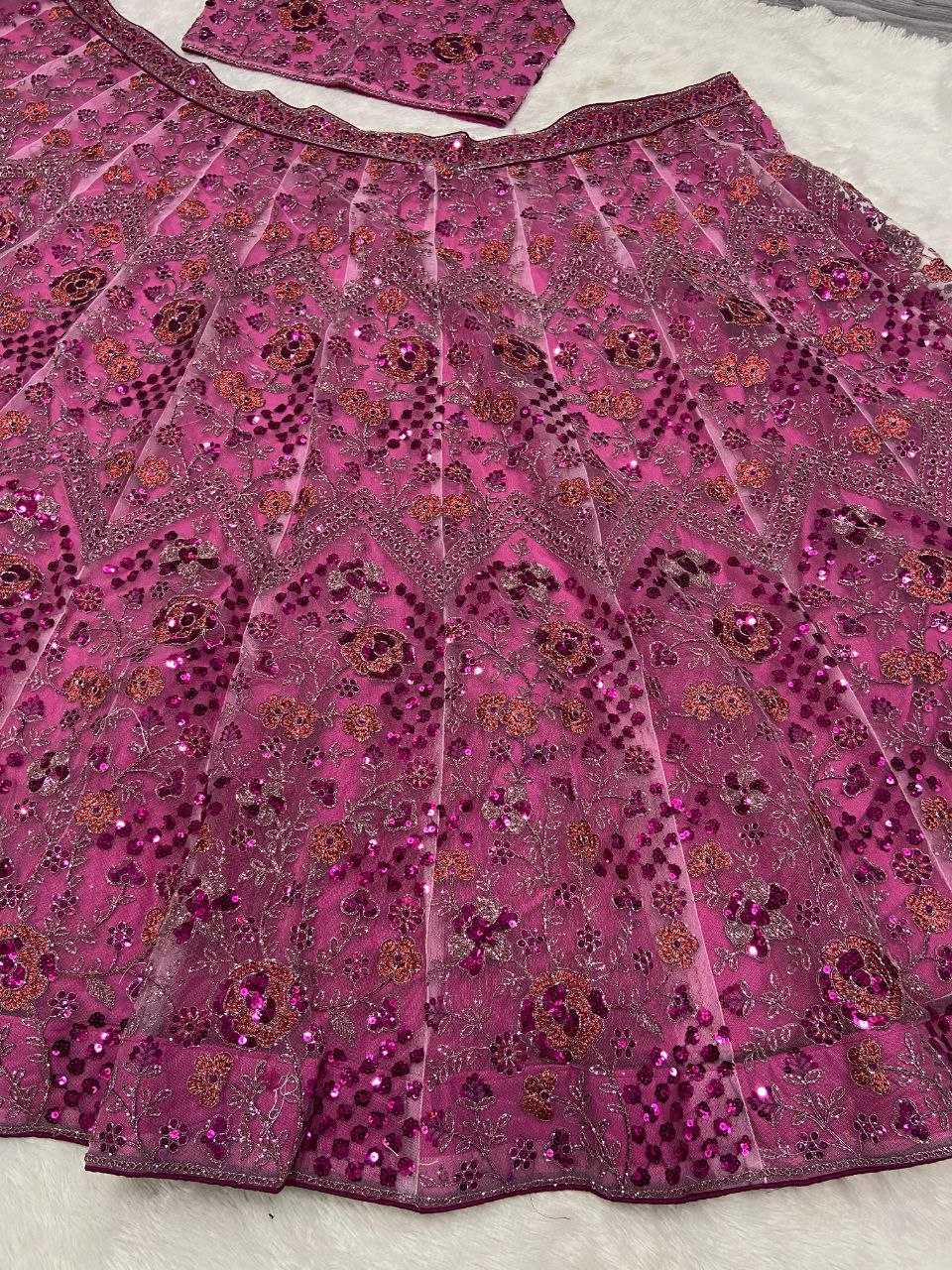 YNF BUTTERFLY NET RIN121 1002 LEHENGAS WHOLESALE EMBROIDERED DESIGNER NET FANCY SEQUNIS PINK LEHENGAS MANUFACTURER