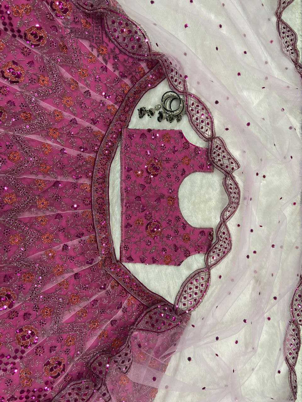 YNF BUTTERFLY NET RIN121 1002 LEHENGAS WHOLESALE EMBROIDERED DESIGNER NET FANCY SEQUNIS PINK LEHENGAS MANUFACTURER