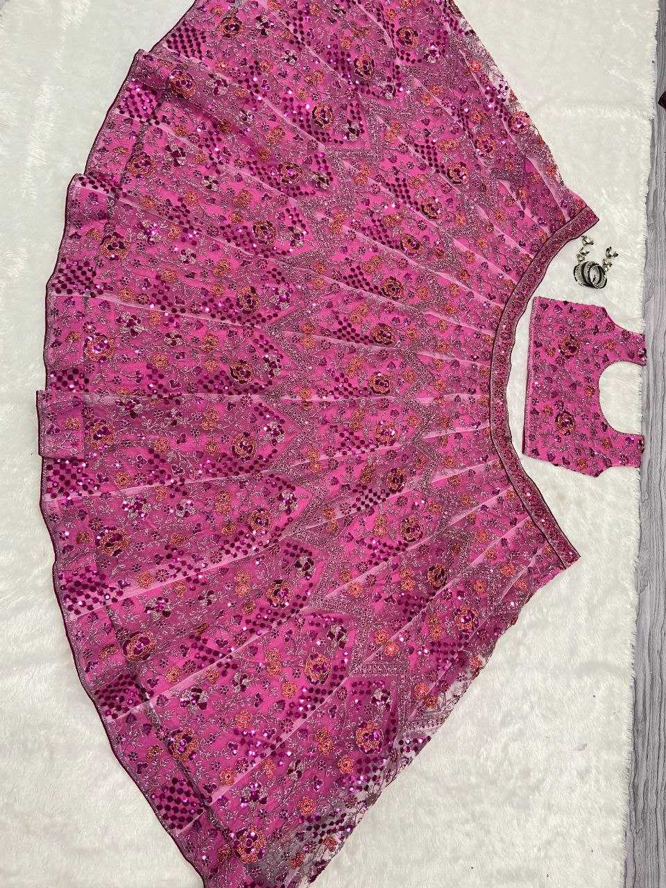 YNF BUTTERFLY NET RIN121 1002 LEHENGAS WHOLESALE EMBROIDERED DESIGNER NET FANCY SEQUNIS PINK LEHENGAS MANUFACTURER