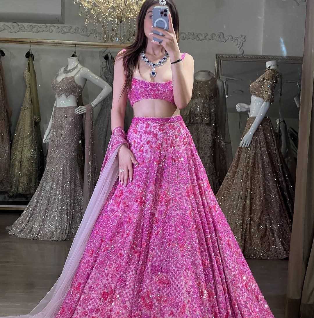 YNF BUTTERFLY NET RIN121 1002 LEHENGAS WHOLESALE EMBROIDERED DESIGNER NET FANCY SEQUNIS PINK LEHENGAS MANUFACTURER