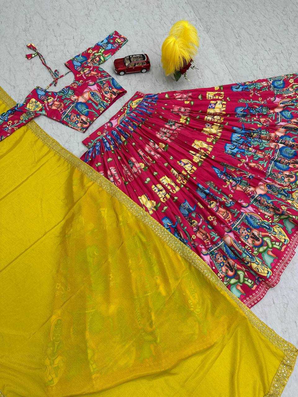 YNF CHENT CREP KESH119 460 LEHENGAS WHOLESALE KALAMKARI TRADITIONAL PRINTED RED LEHENGAS MANUFACTURER