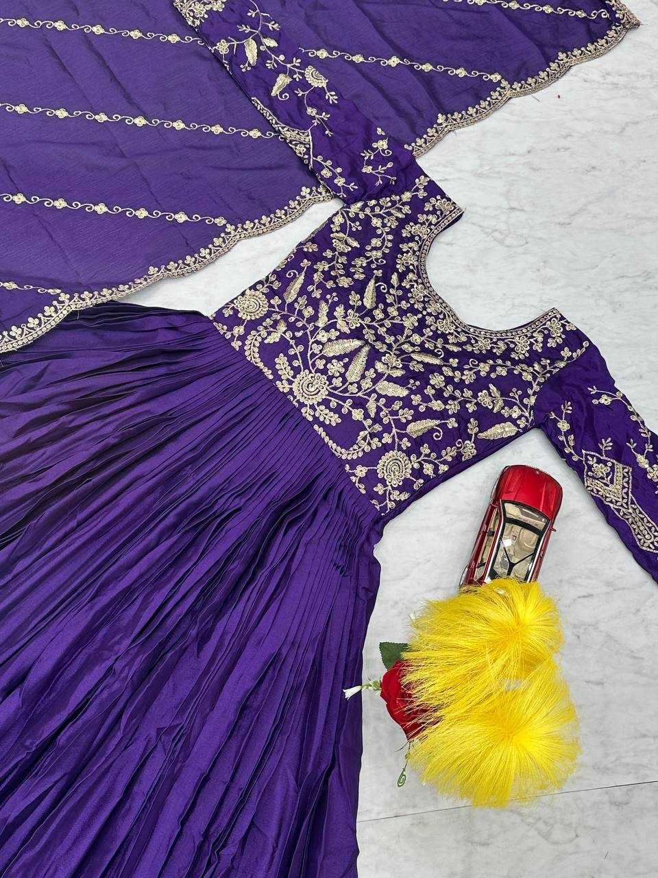 YNF CHINON KESH120 206 GOWNS WHOLESALE PURPLE ANARAKLI EMBROIDERY SILK GOWNS MANUFACTURER