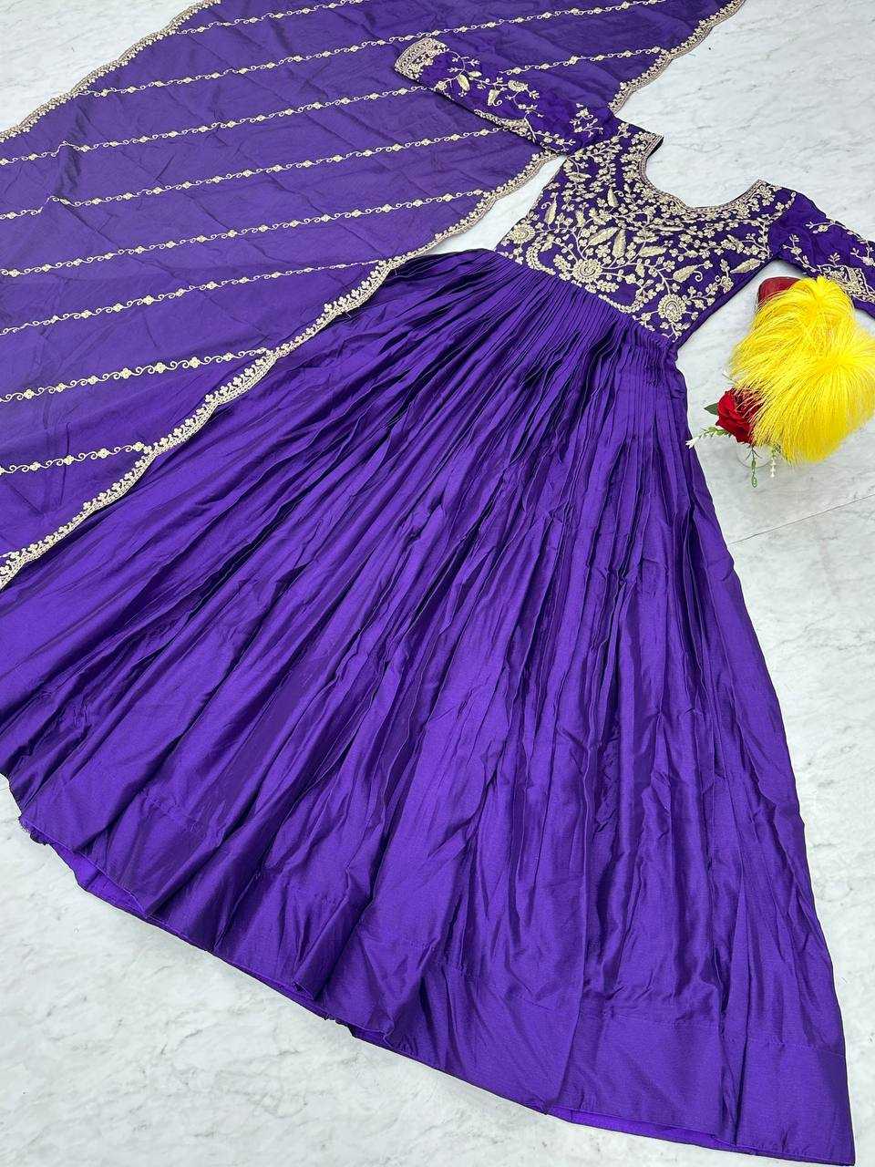 YNF CHINON KESH120 206 GOWNS WHOLESALE PURPLE ANARAKLI EMBROIDERY SILK GOWNS MANUFACTURER