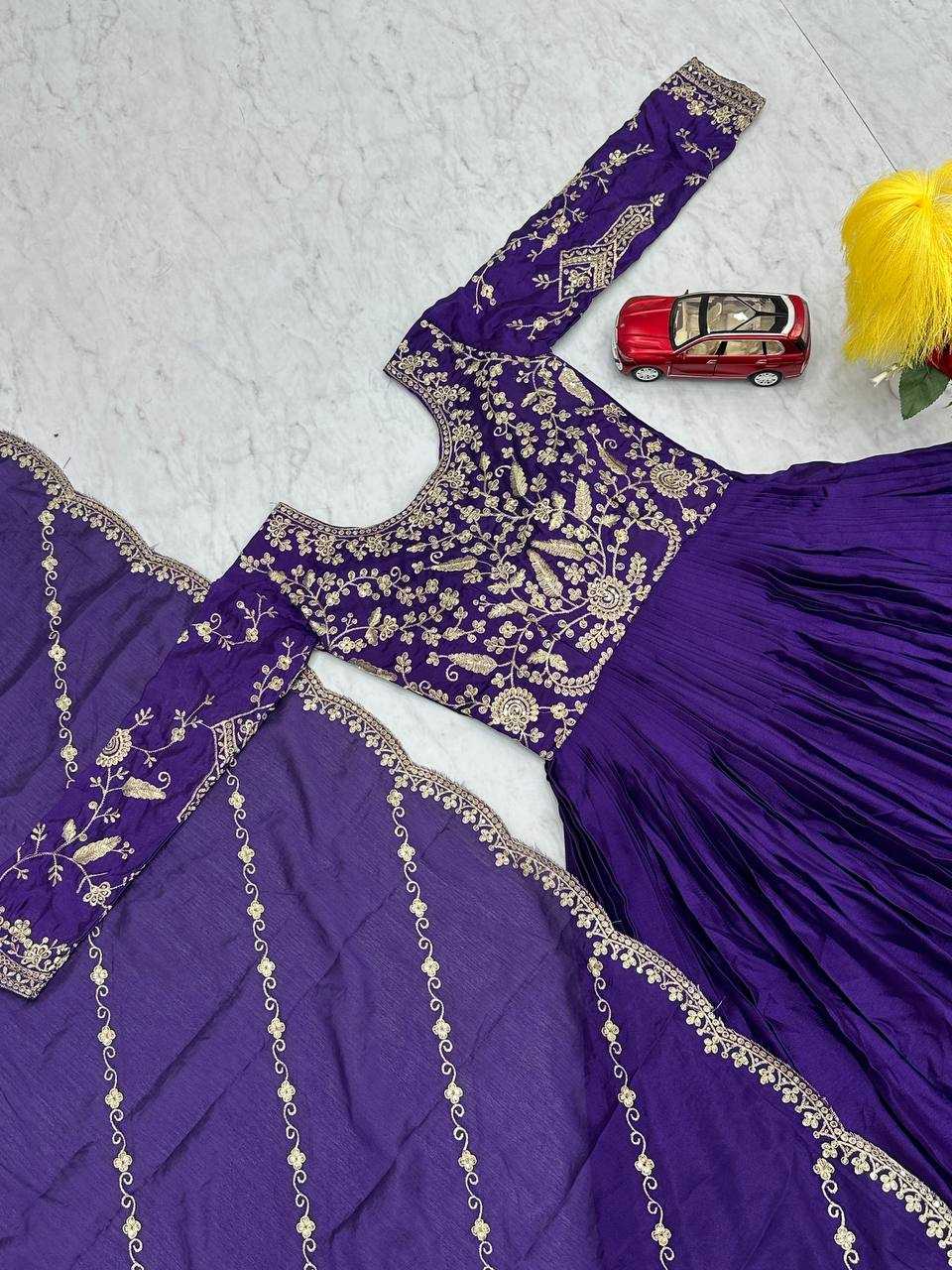 YNF CHINON KESH120 206 GOWNS WHOLESALE PURPLE ANARAKLI EMBROIDERY SILK GOWNS MANUFACTURER