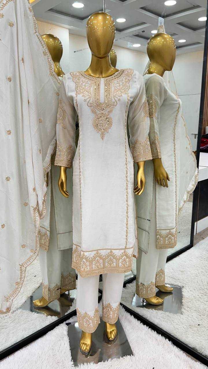 YNF CHINON SILK KESH128 398 SUITS & DRESSES WHOLESALE EMBROPIDERY PARTY WEAR WEDDING WHITE SUITS MANUFACTURE