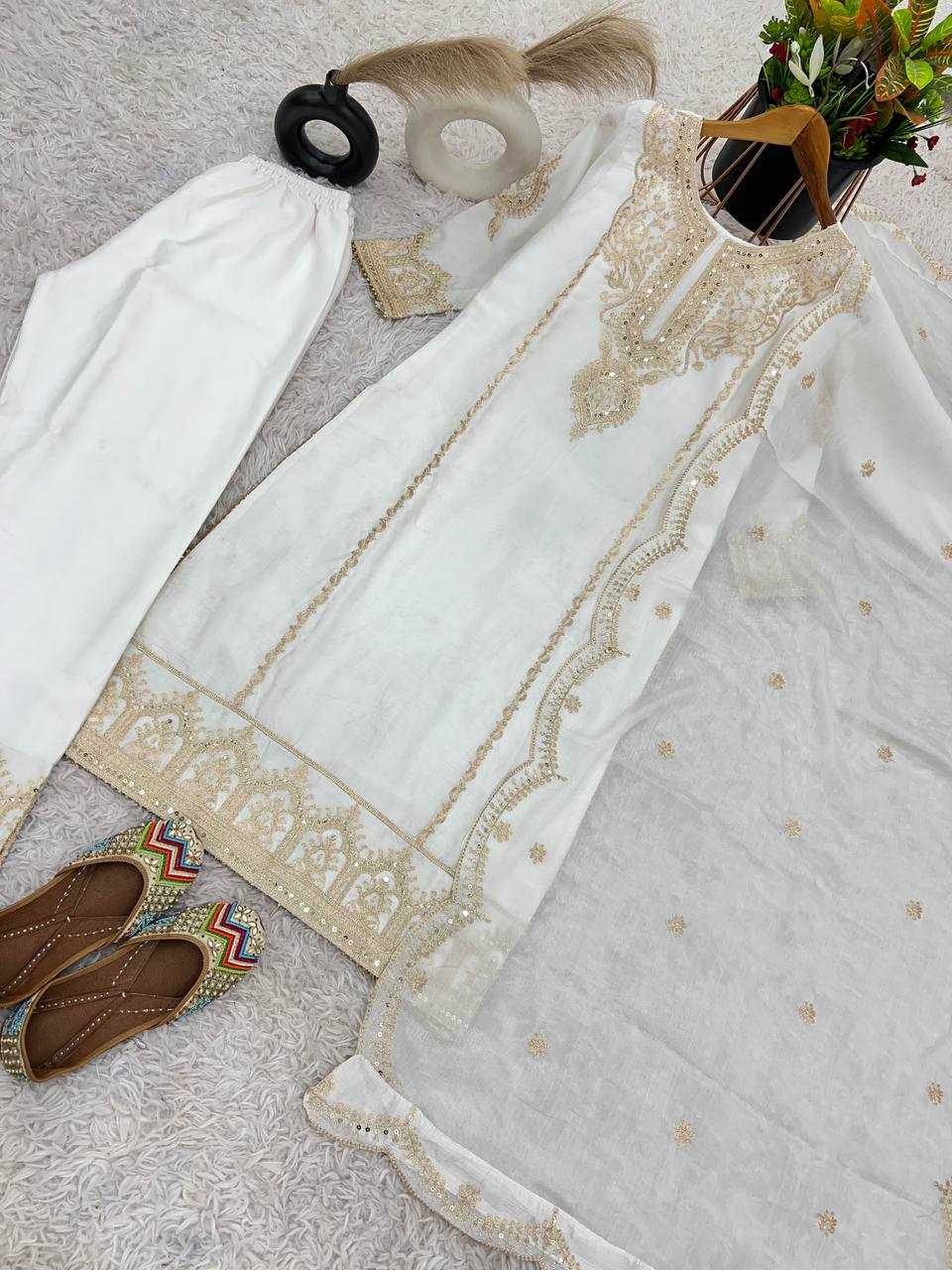 YNF CHINON SILK KESH128 398 SUITS & DRESSES WHOLESALE EMBROPIDERY PARTY WEAR WEDDING WHITE SUITS MANUFACTURE