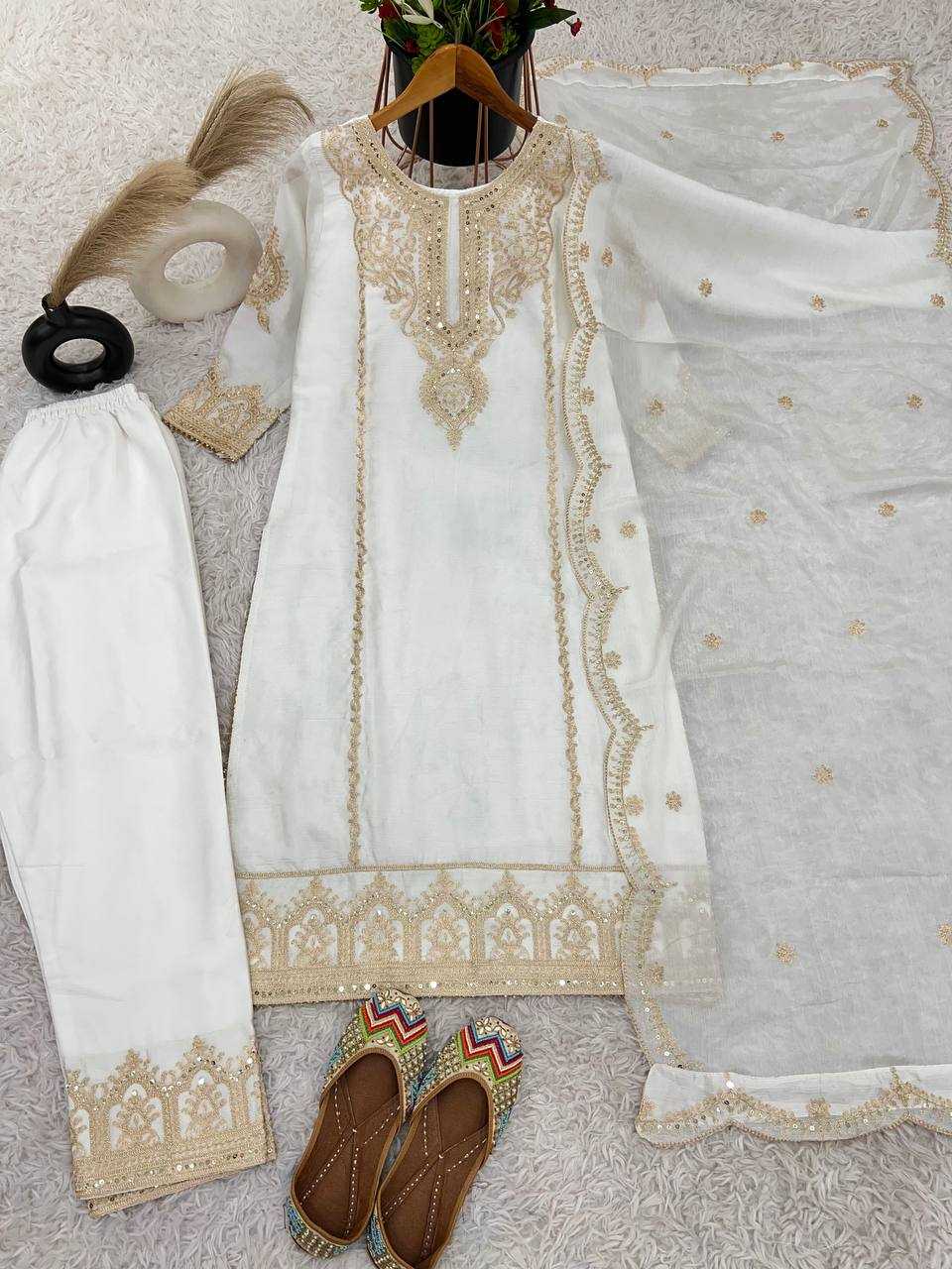 YNF CHINON SILK KESH128 398 SUITS & DRESSES WHOLESALE EMBROPIDERY PARTY WEAR WEDDING WHITE SUITS MANUFACTURE