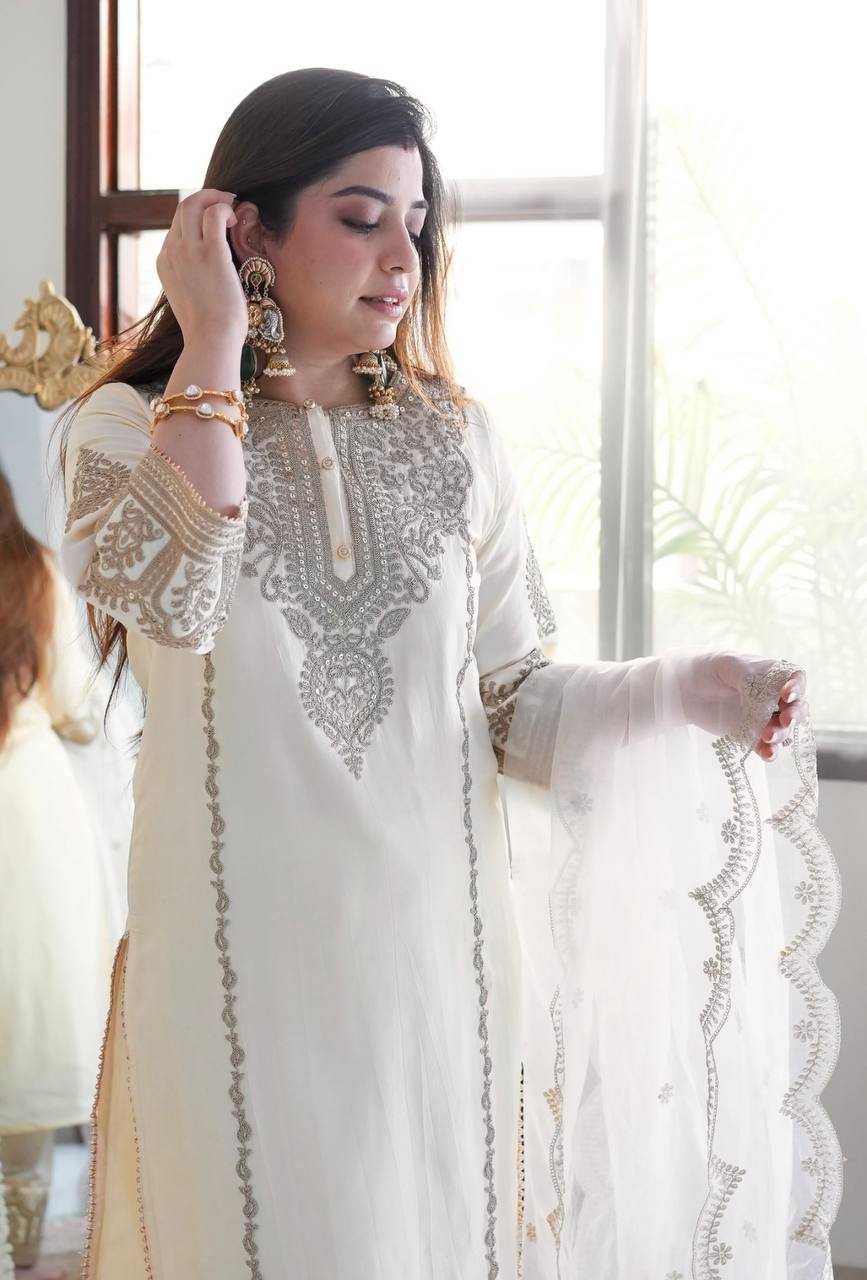 YNF CHINON SILK KESH128 398 SUITS & DRESSES WHOLESALE EMBROPIDERY PARTY WEAR WEDDING WHITE SUITS MANUFACTURE