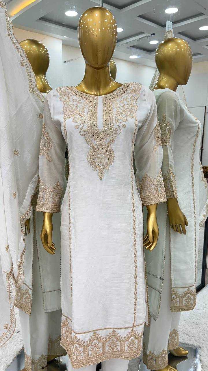 YNF CHINON SILK KESH128 398 SUITS & DRESSES WHOLESALE EMBROPIDERY PARTY WEAR WEDDING WHITE SUITS MANUFACTURE