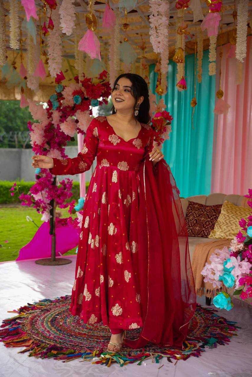 YNF CHINON SILK KESH232 1447 GOWNS WHOLESALE RED ANARAKLI FULL PRINTED WEDDING GOWNS MANUFACTURER