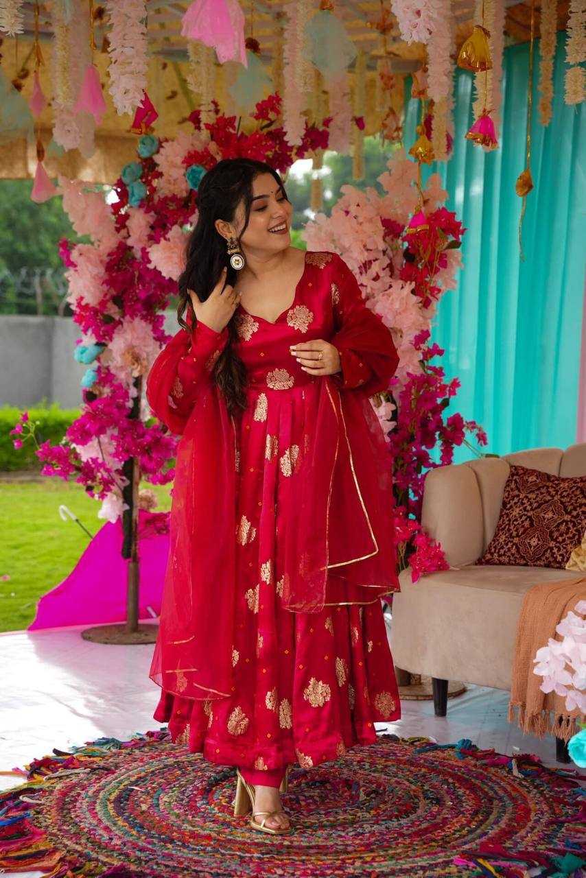 YNF CHINON SILK KESH232 1447 GOWNS WHOLESALE RED ANARAKLI FULL PRINTED WEDDING GOWNS MANUFACTURER