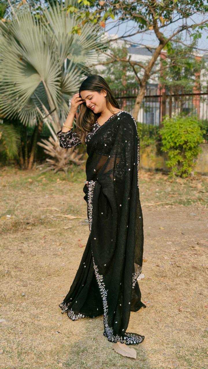 YNF CRUSH SILK RIN114 5050SAREES WHOLESALE SEQUENCE EMBRODERY BLACK PARTY WEAR SAREES MANUFACTURER