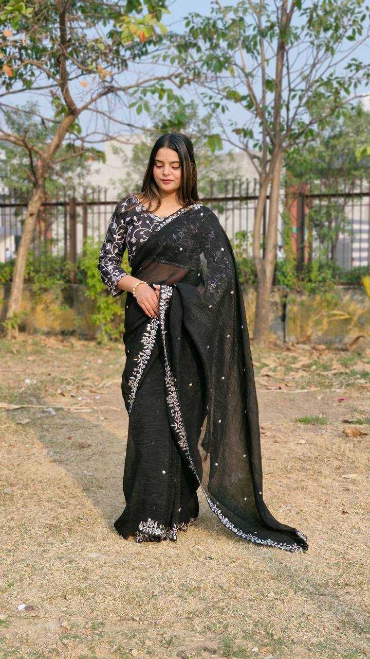 YNF CRUSH SILK RIN114 5050SAREES WHOLESALE SEQUENCE EMBRODERY BLACK PARTY WEAR SAREES MANUFACTURER