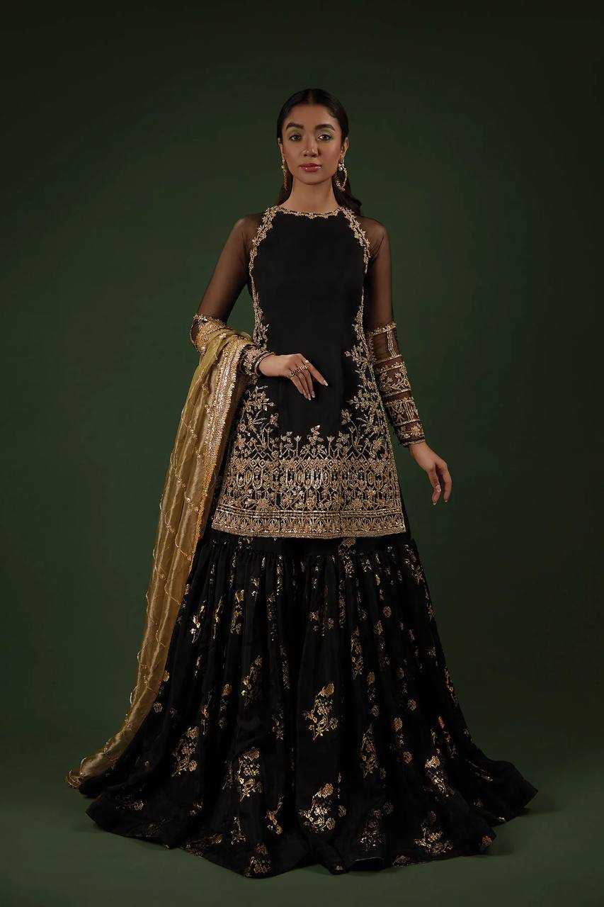 YNF FAUX GEORGETTE KESH125 1150 SUITS & DRESSES SHARARA SALWAR EMBROIDERY GEORGETTE BLACK SUITS MANUFACTUR