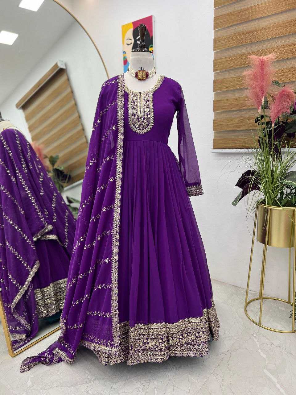 YNF FAUX GEORGETTE KESH158 5046 GOWNS WHOLESALE WEDDING EMBROIDERY PURPLE GEORGETTE GOWNS MANUFACTURER