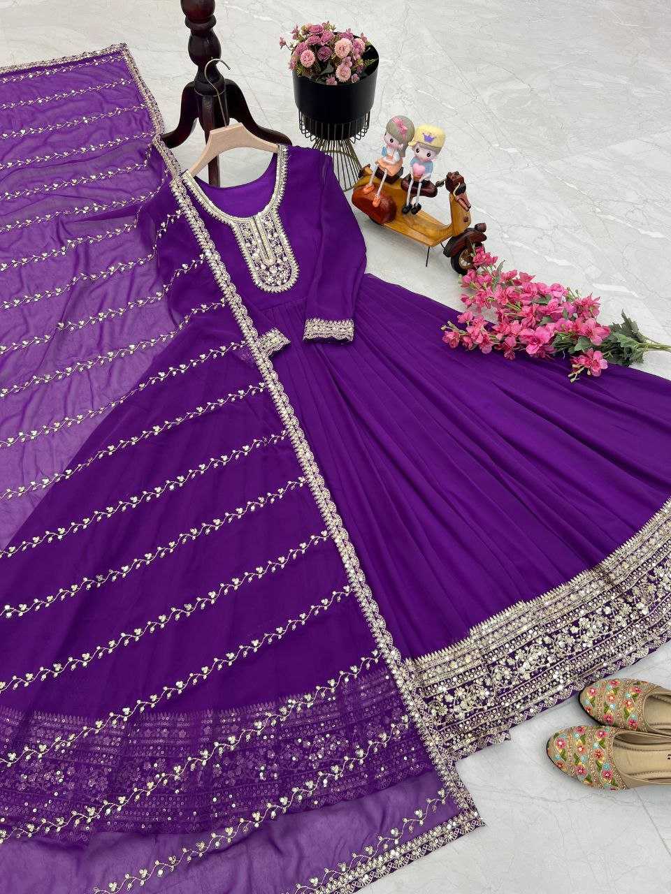 YNF FAUX GEORGETTE KESH158 5046 GOWNS WHOLESALE WEDDING EMBROIDERY PURPLE GEORGETTE GOWNS MANUFACTURER