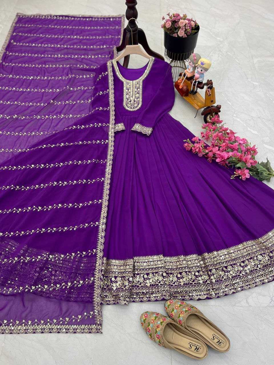 YNF FAUX GEORGETTE KESH158 5046 GOWNS WHOLESALE WEDDING EMBROIDERY PURPLE GEORGETTE GOWNS MANUFACTURER