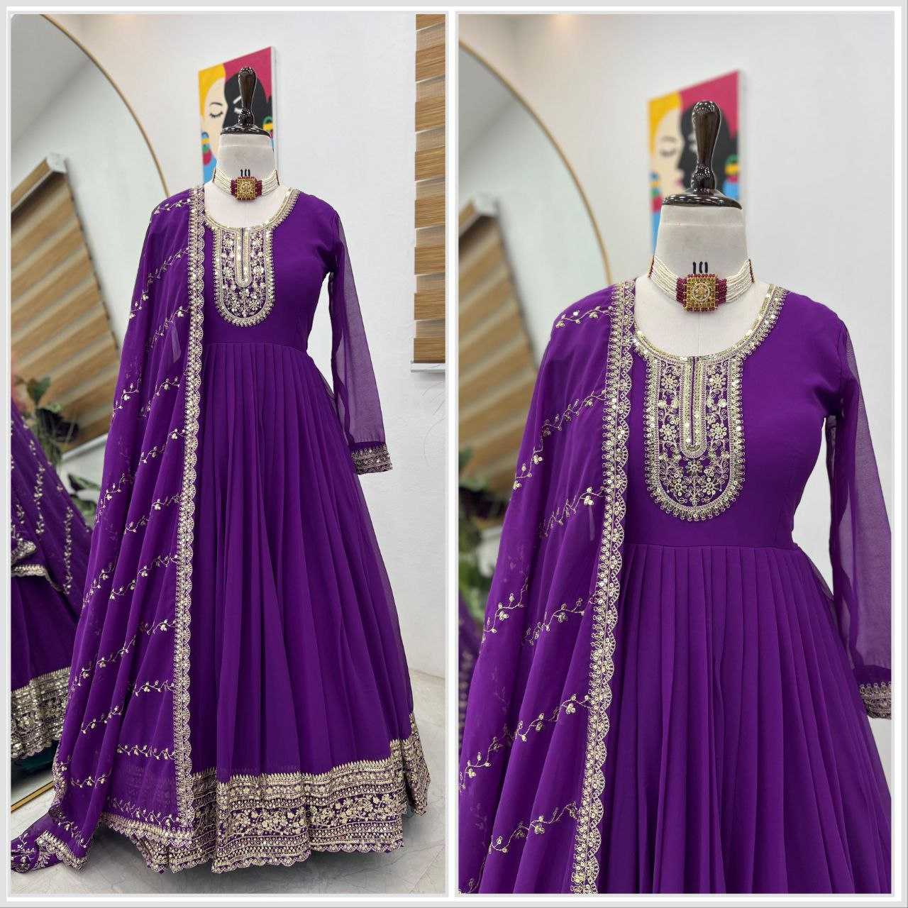 YNF FAUX GEORGETTE KESH158 5046 GOWNS WHOLESALE WEDDING EMBROIDERY PURPLE GEORGETTE GOWNS MANUFACTURER