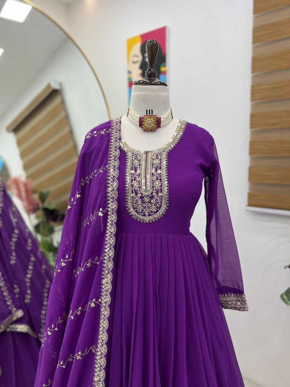 YNF FAUX GEORGETTE KESH158 5046 GOWNS WHOLESALE WEDDING EMBROIDERY PURPLE GEORGETTE GOWNS MANUFACTURER