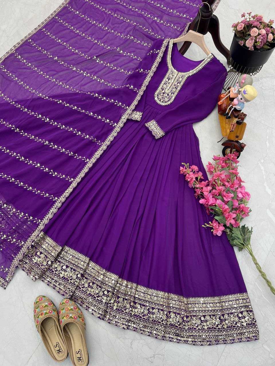 YNF FAUX GEORGETTE KESH158 5046 GOWNS WHOLESALE WEDDING EMBROIDERY PURPLE GEORGETTE GOWNS MANUFACTURER