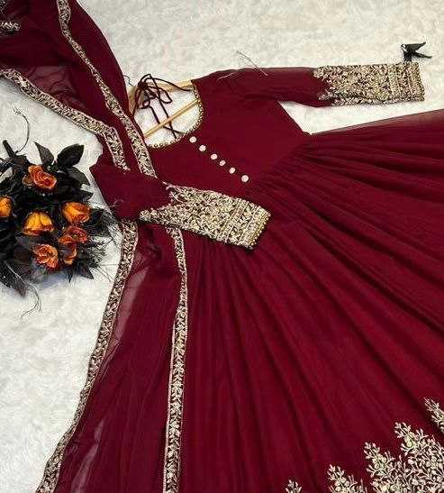 YNF FAUX GEORGETTE KESH158 6001 GOWNS WHOLESALE GEORGETTE EMBROIDERY ANARAKLI MAROON GOWNS MANUFACTURER