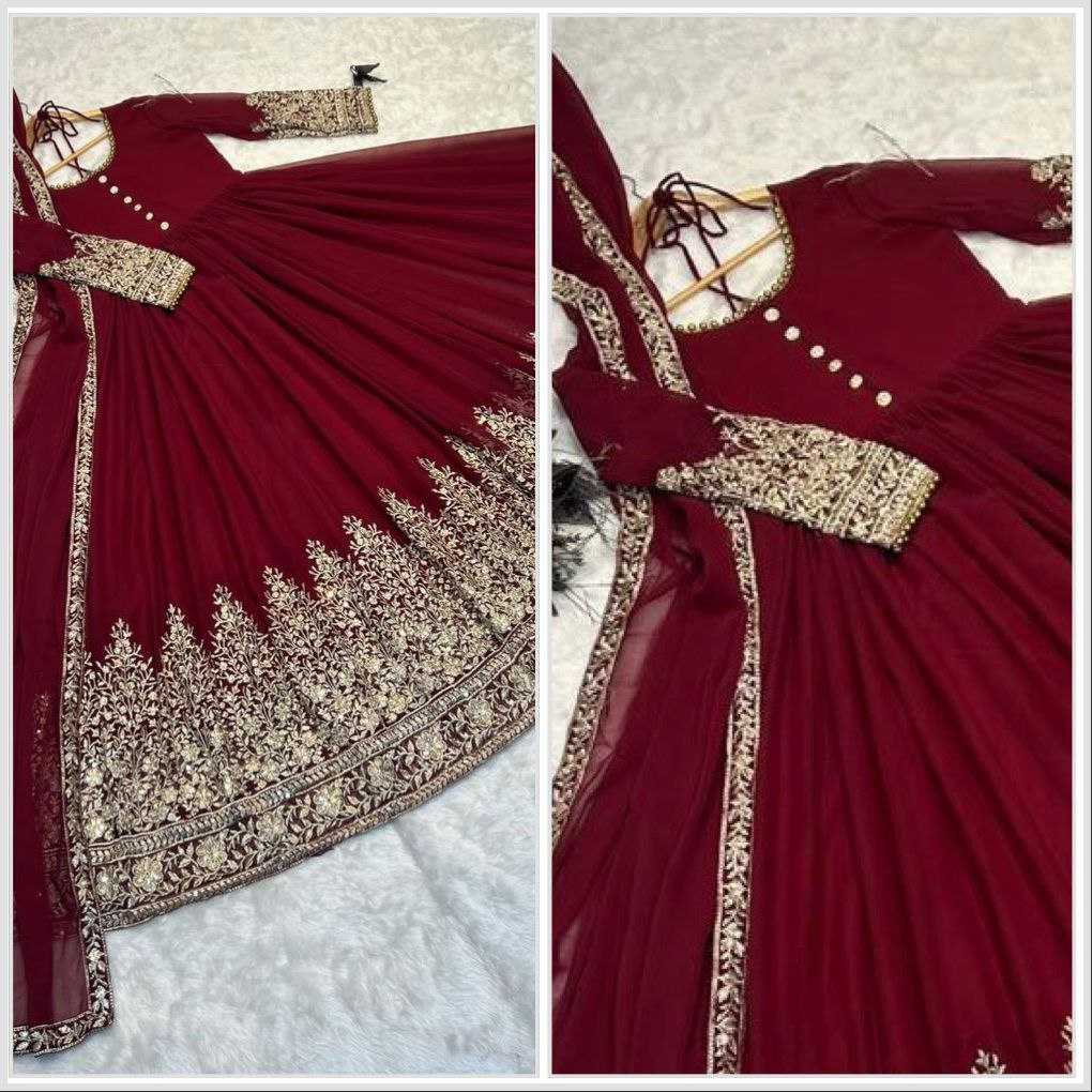 YNF FAUX GEORGETTE KESH158 6001 GOWNS WHOLESALE GEORGETTE EMBROIDERY ANARAKLI MAROON GOWNS MANUFACTURER