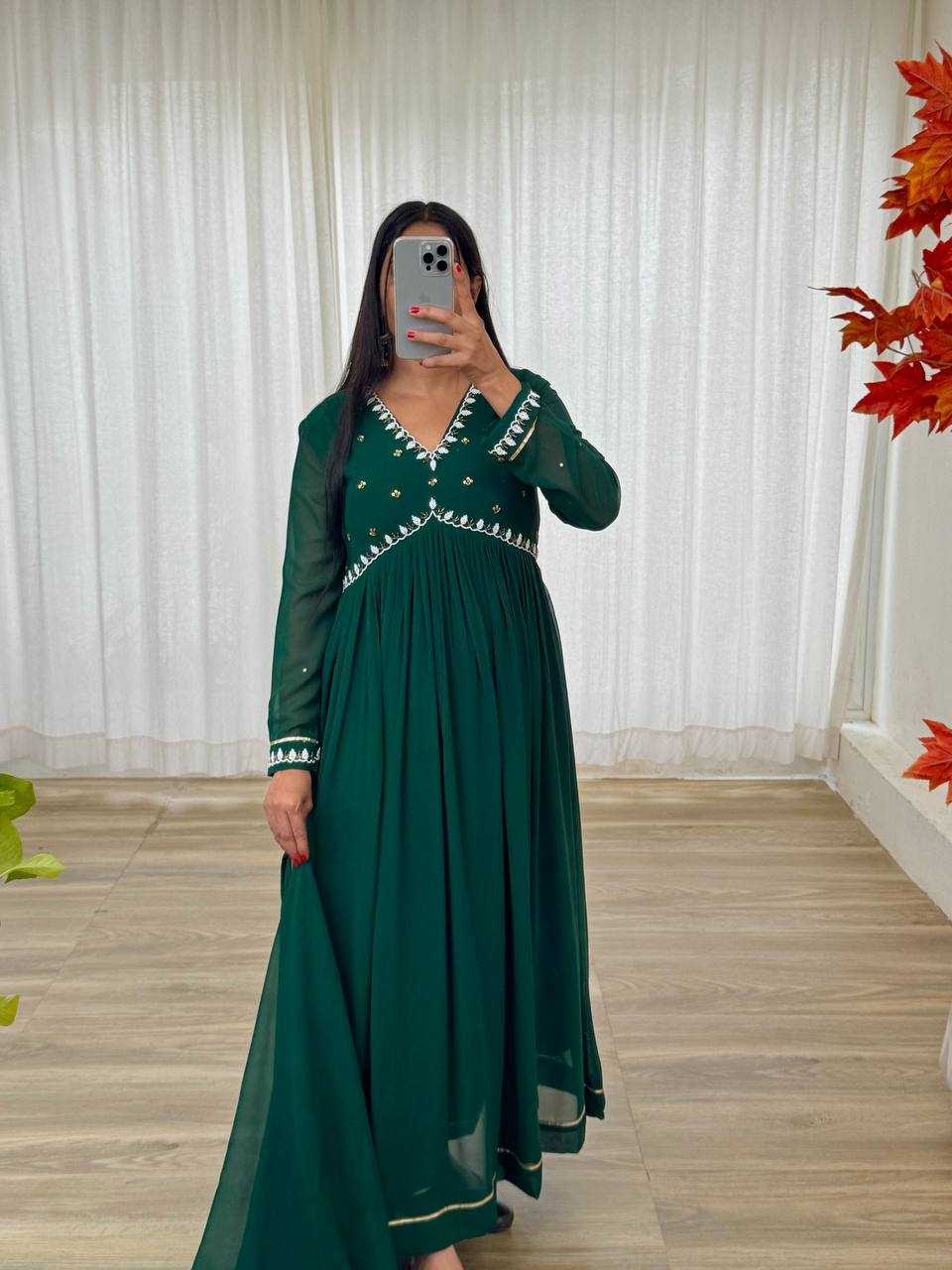 YNF FAUX GEORGETTE KESH240 409 GOWNS WHOLESALE GREEN ANARAKLI FULL SLEEVE WEDDING GEORGETTE GOWNS MANUFACTURER