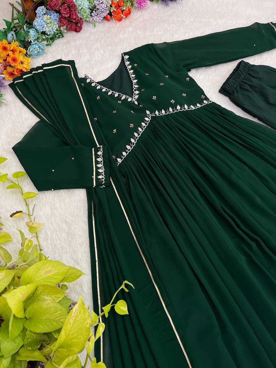 YNF FAUX GEORGETTE KESH240 409 GOWNS WHOLESALE GREEN ANARAKLI FULL SLEEVE WEDDING GEORGETTE GOWNS MANUFACTURER