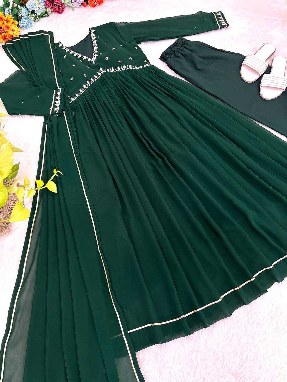 YNF FAUX GEORGETTE KESH240 409 GOWNS WHOLESALE GREEN ANARAKLI FULL SLEEVE WEDDING GEORGETTE GOWNS MANUFACTURER