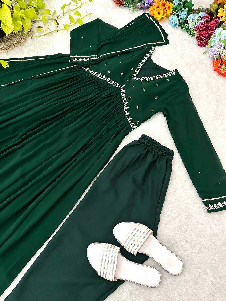 YNF FAUX GEORGETTE KESH240 409 GOWNS WHOLESALE GREEN ANARAKLI FULL SLEEVE WEDDING GEORGETTE GOWNS MANUFACTURER