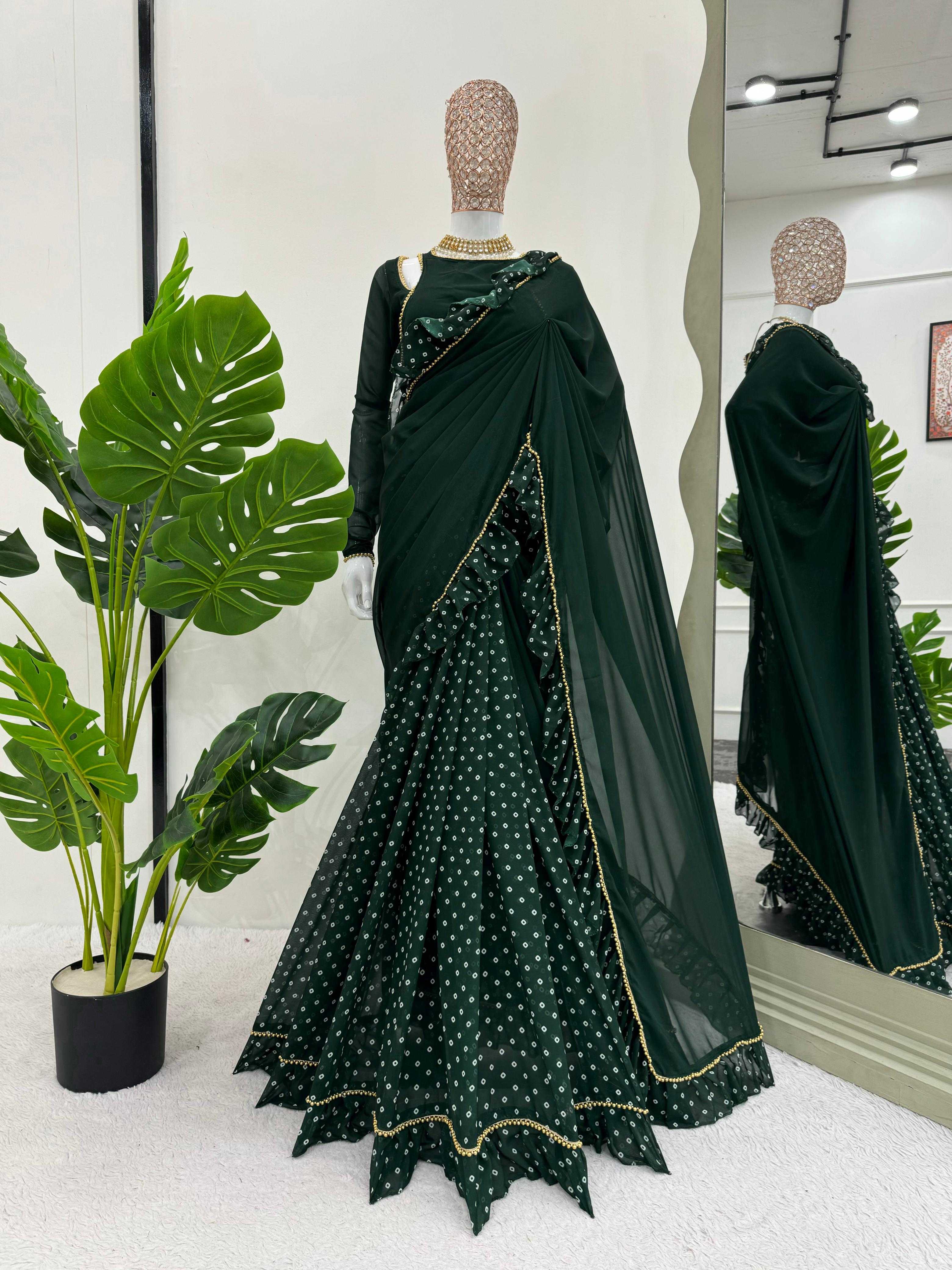 YNF FAUX GEORGETTE RIN133 520 SAREES WHOLESALE GEORGETTE PRINTED RUFFLE GREEN SAREES MANUFACTURER