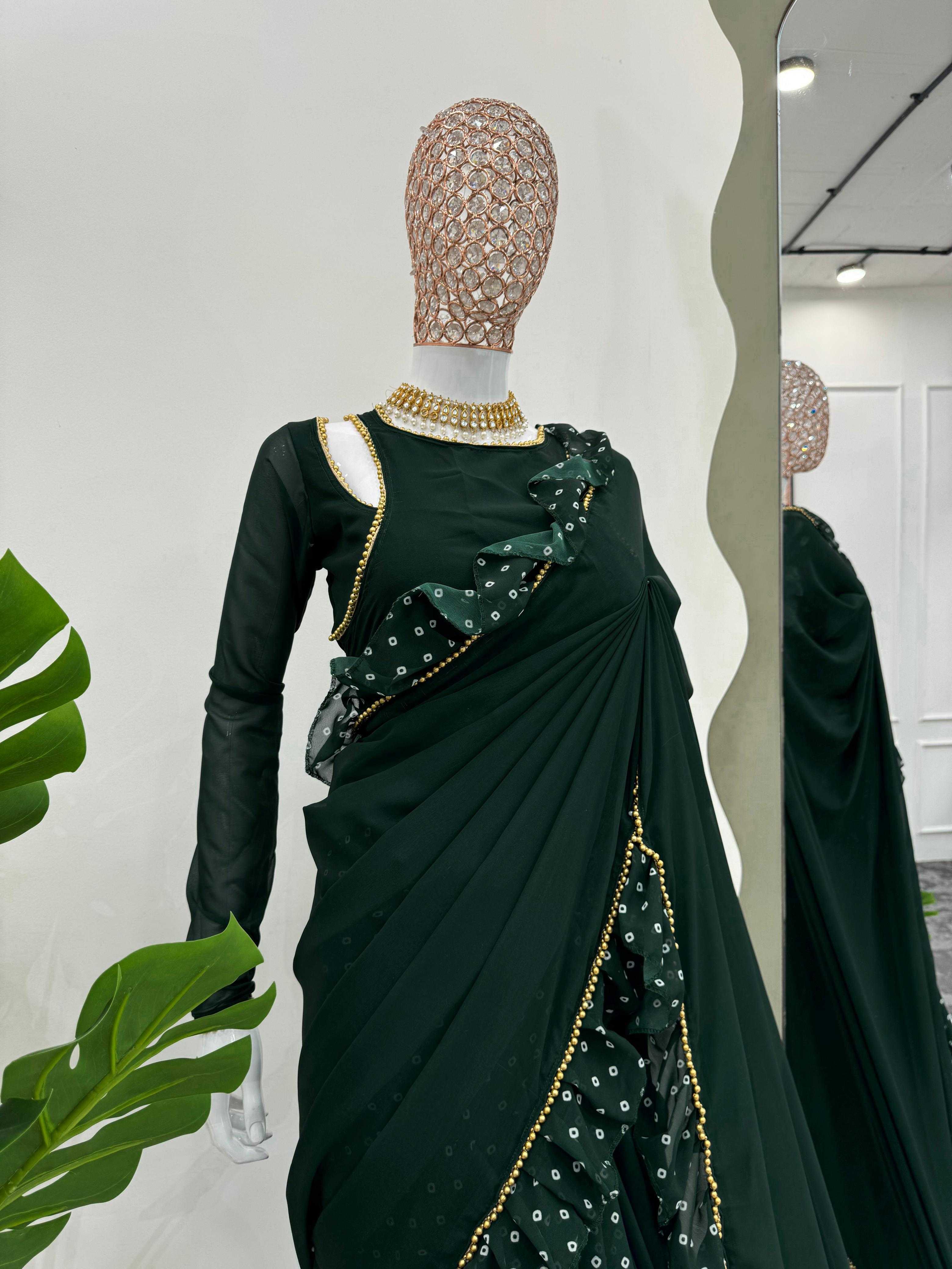 YNF FAUX GEORGETTE RIN133 520 SAREES WHOLESALE GEORGETTE PRINTED RUFFLE GREEN SAREES MANUFACTURER