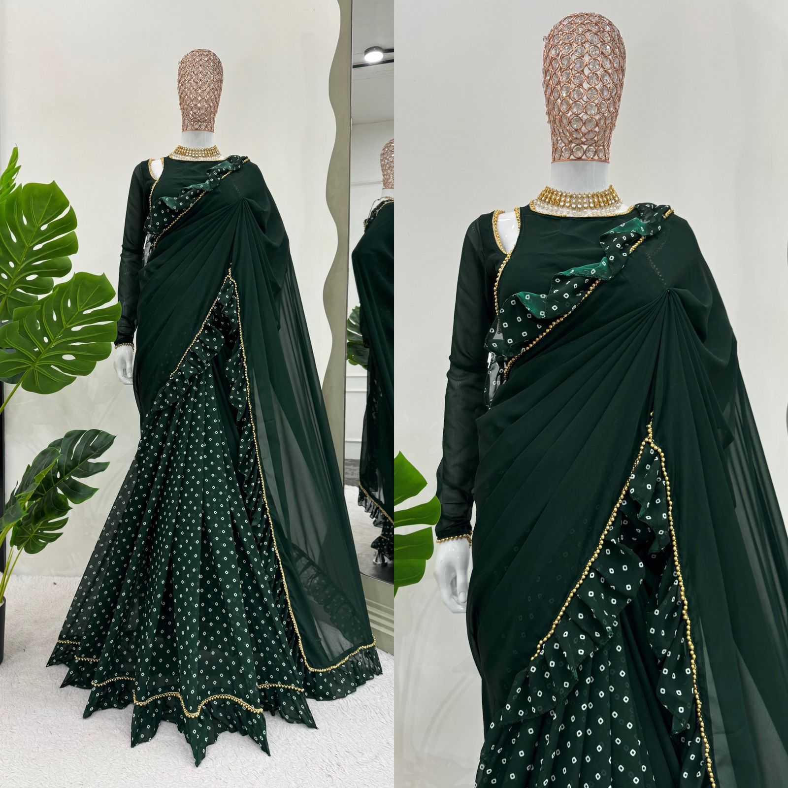 YNF FAUX GEORGETTE RIN133 520 SAREES WHOLESALE GEORGETTE PRINTED RUFFLE GREEN SAREES MANUFACTURER