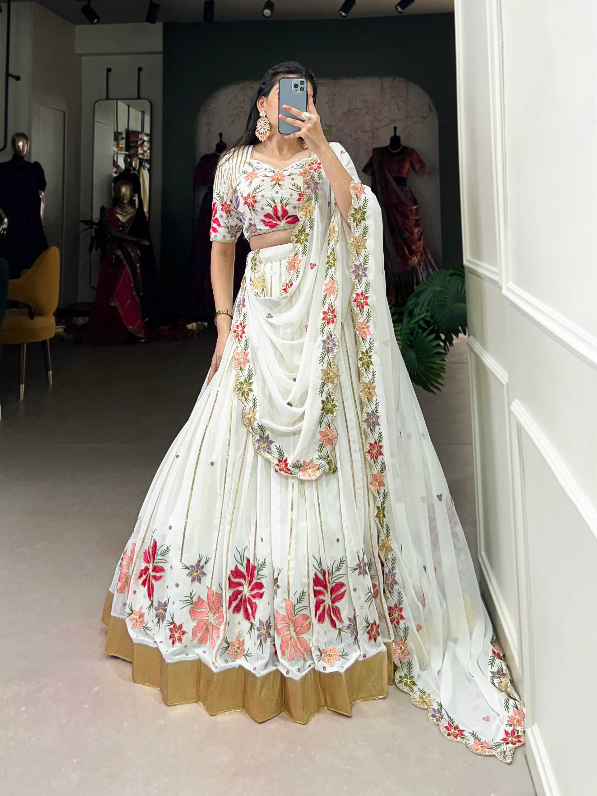 YNF GEOREGTTE KESH134 1413 LEHENGAS WHOLESALE EMBROIDERED GEOREGTTE SEQUNIS WHITE LEHENGAS MANUFACTURER