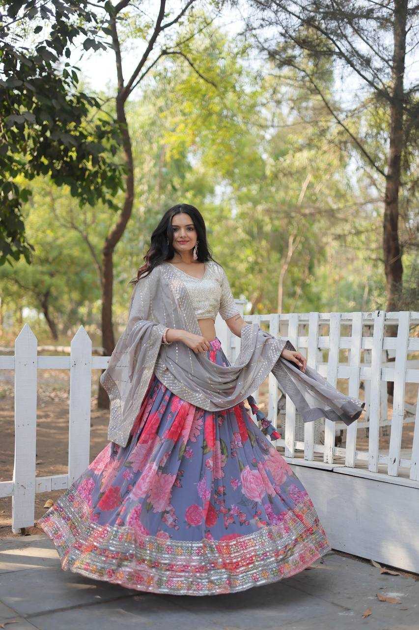 YNF GEORGETTE KESH132 7112 LEHENGAS WHOLESALE EMBROIDERY SEQUENCE GEORGETTE RUFFLE LEHENGA PRINTED LEHENGA MANUFACTURER