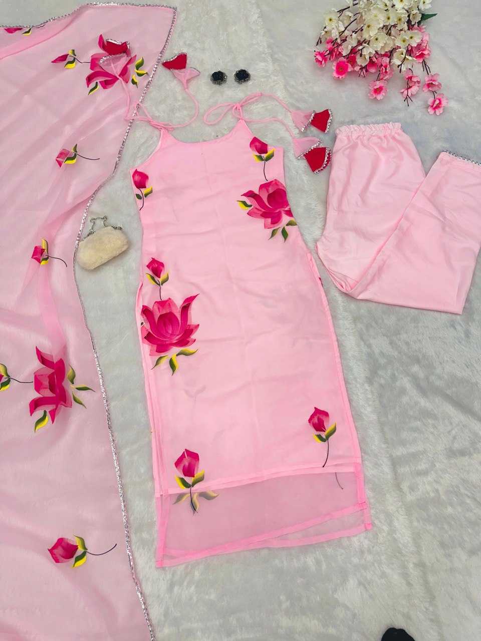 YNF GEORGETTE KESH154 259 SUITS & DRESSES WHOLESALE PRINTED GEORGETTE SLEEVELESS PINK SALWAR LONG KURTI SUITS MANUFACTURE