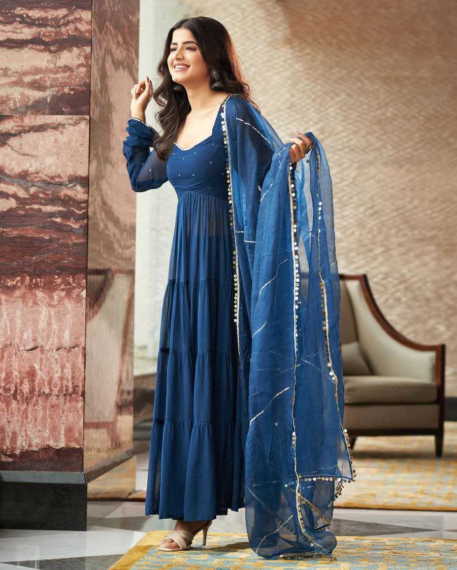 YNF GEORGETTE KESH154 GOWNS WHOLESALE BLUE GEORGETTE LONG GOWNS MANUFACTURER