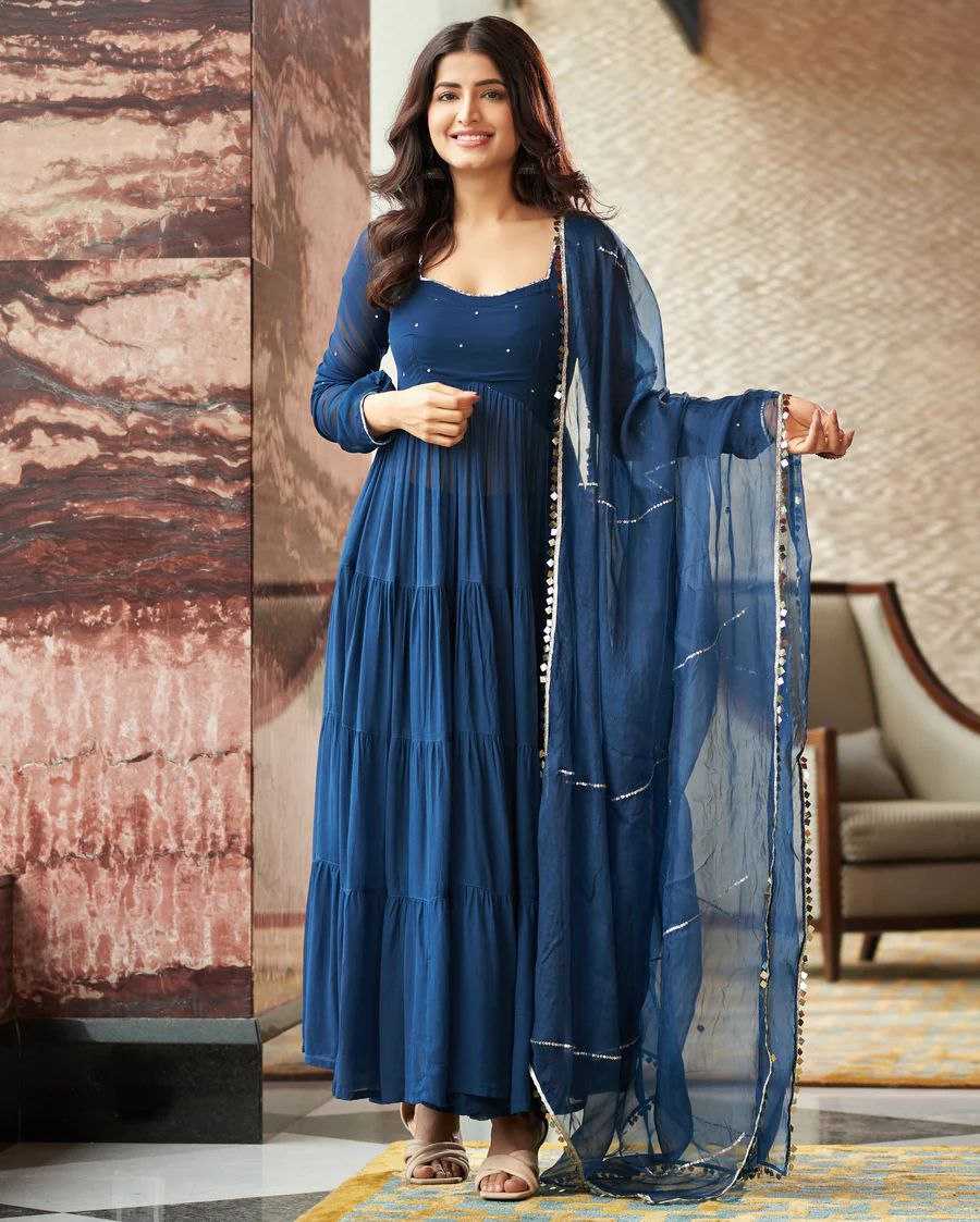 YNF GEORGETTE KESH154 GOWNS WHOLESALE BLUE GEORGETTE LONG GOWNS MANUFACTURER