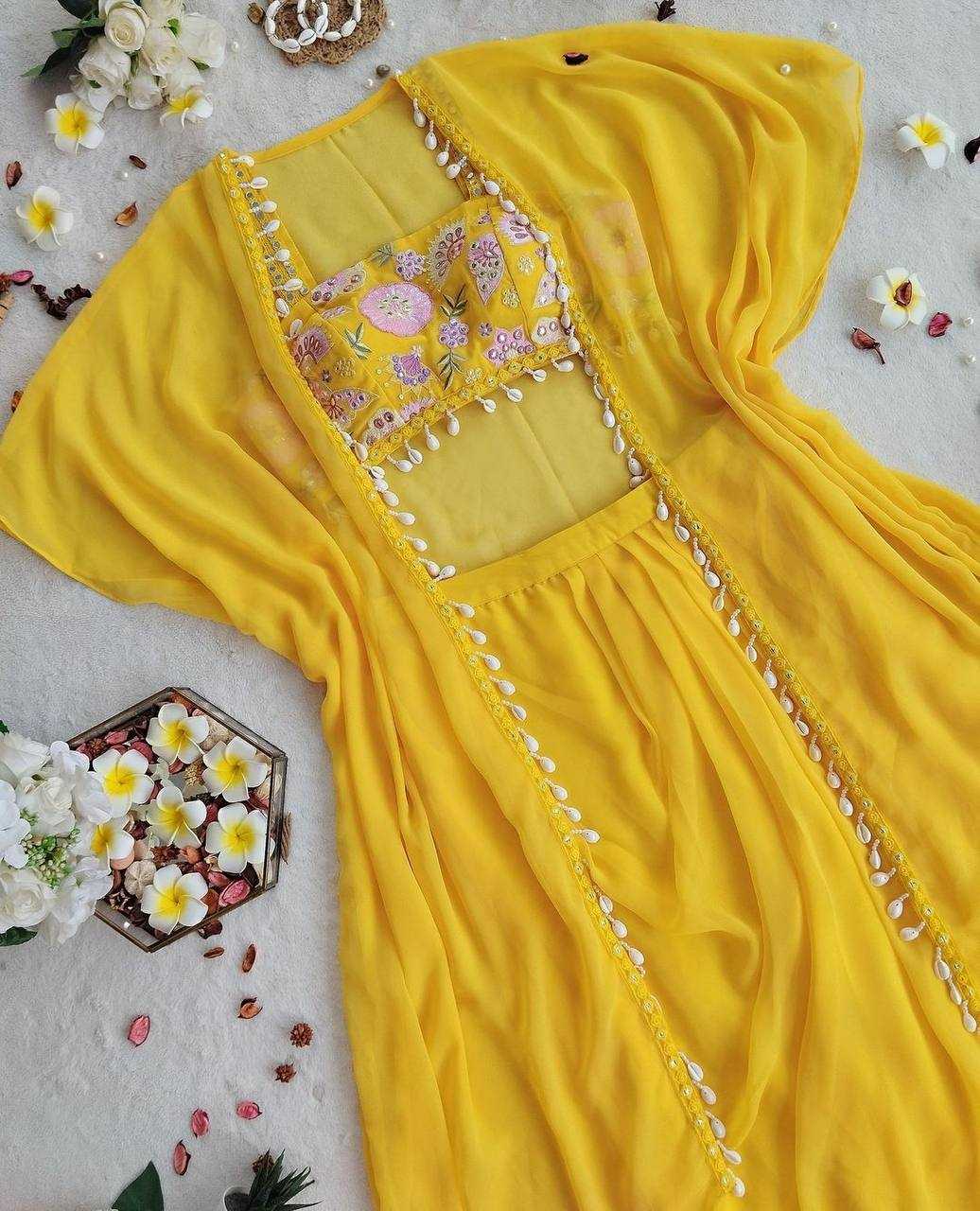 YNF GEORGETTE RIN181 1072 SUITS & DRESSES WHOLESALE INDO WESTERN GEORGETTE YELLOW HALDI SUITS MANUFACTURE