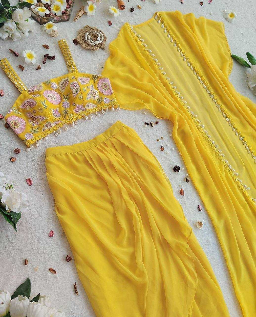 YNF GEORGETTE RIN181 1072 SUITS & DRESSES WHOLESALE INDO WESTERN GEORGETTE YELLOW HALDI SUITS MANUFACTURE