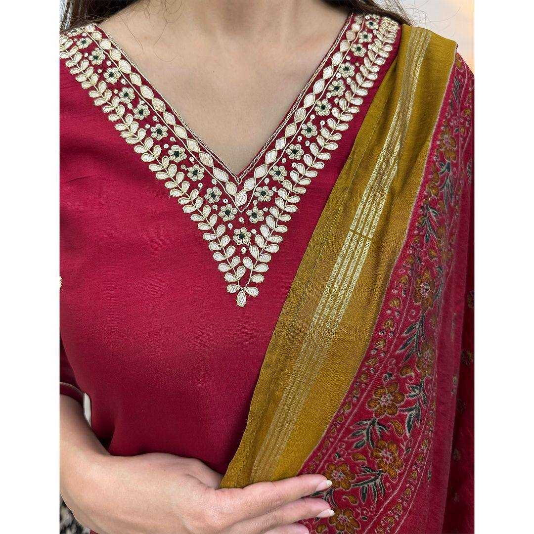 YNF HEAVY ROMAN SILK KESH211 LDY113 SUITS & DRESSES WHOLESALE LADIES SILK WEDDING MAROON SUITS MANUFACTURE