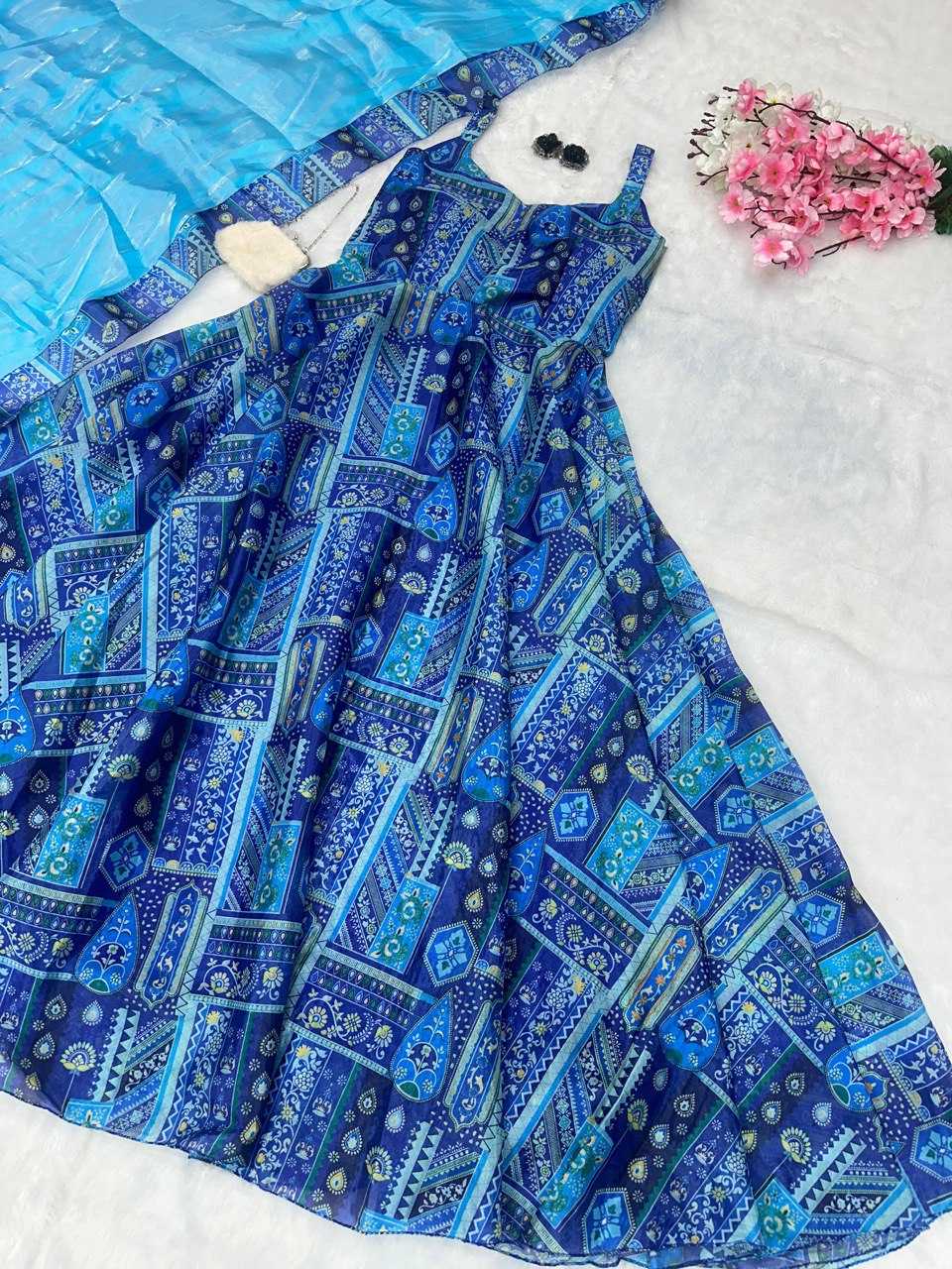 YNF JIMMY CHOO KESH154 264 GOWNS WHOLESALE PRINTED ANARKALI SILK SLEEVELESS GOWNS MANUFACTURER