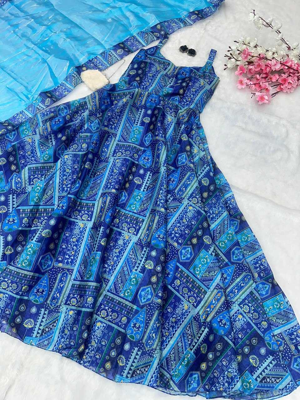 YNF JIMMY CHOO KESH154 264 GOWNS WHOLESALE PRINTED ANARKALI SILK SLEEVELESS GOWNS MANUFACTURER