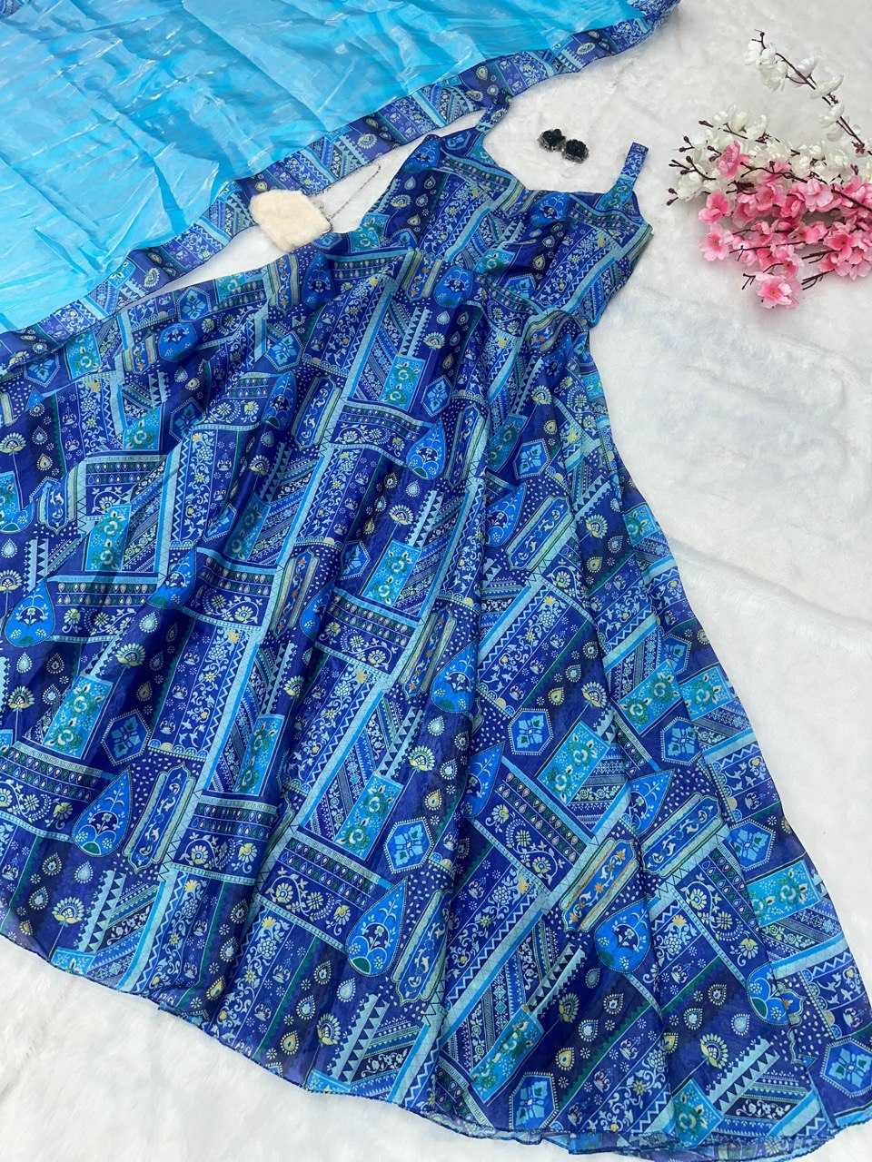 YNF JIMMY CHOO KESH154 264 GOWNS WHOLESALE PRINTED ANARKALI SILK SLEEVELESS GOWNS MANUFACTURER