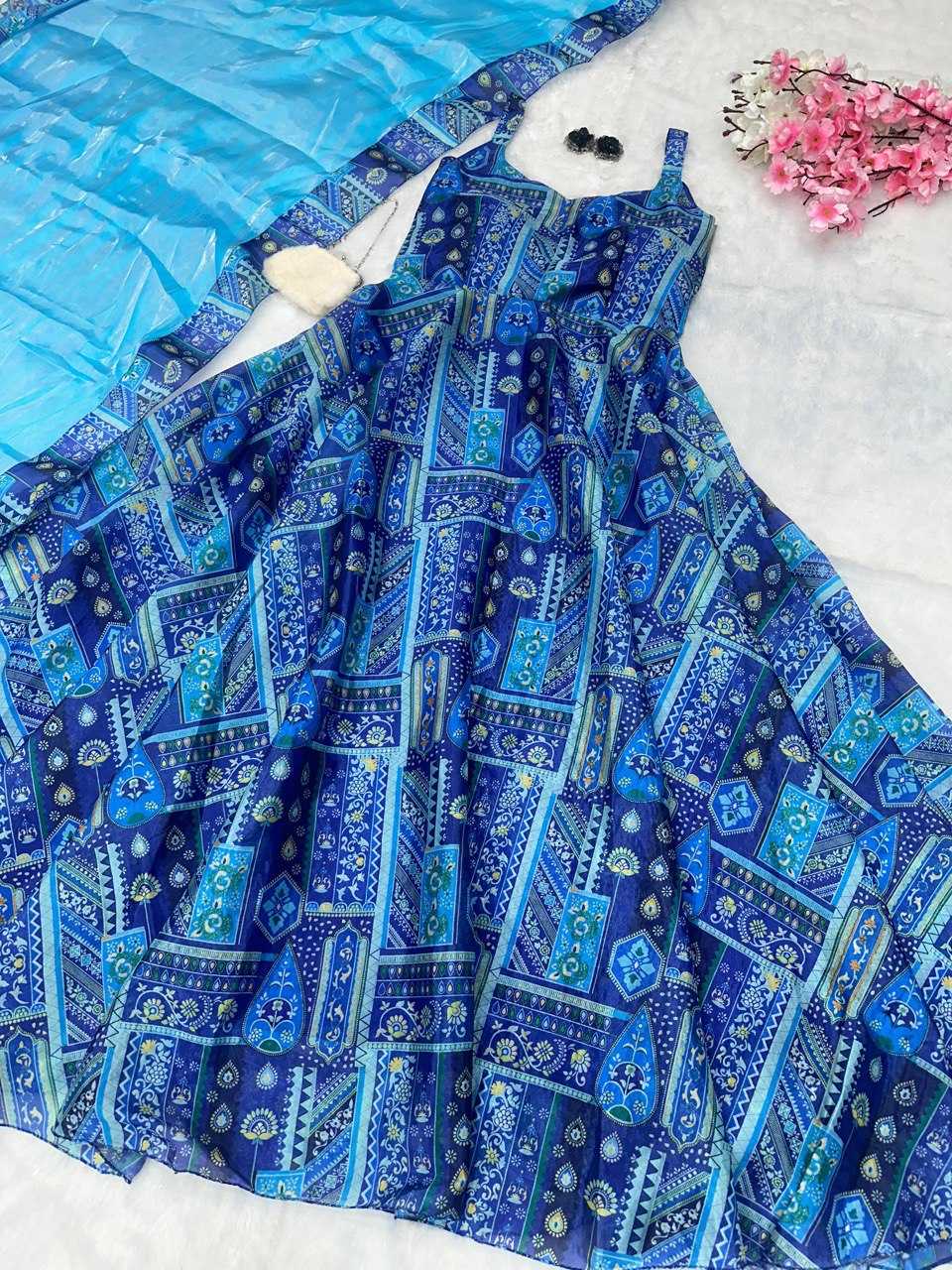 YNF JIMMY CHOO KESH154 264 GOWNS WHOLESALE PRINTED ANARKALI SILK SLEEVELESS GOWNS MANUFACTURER