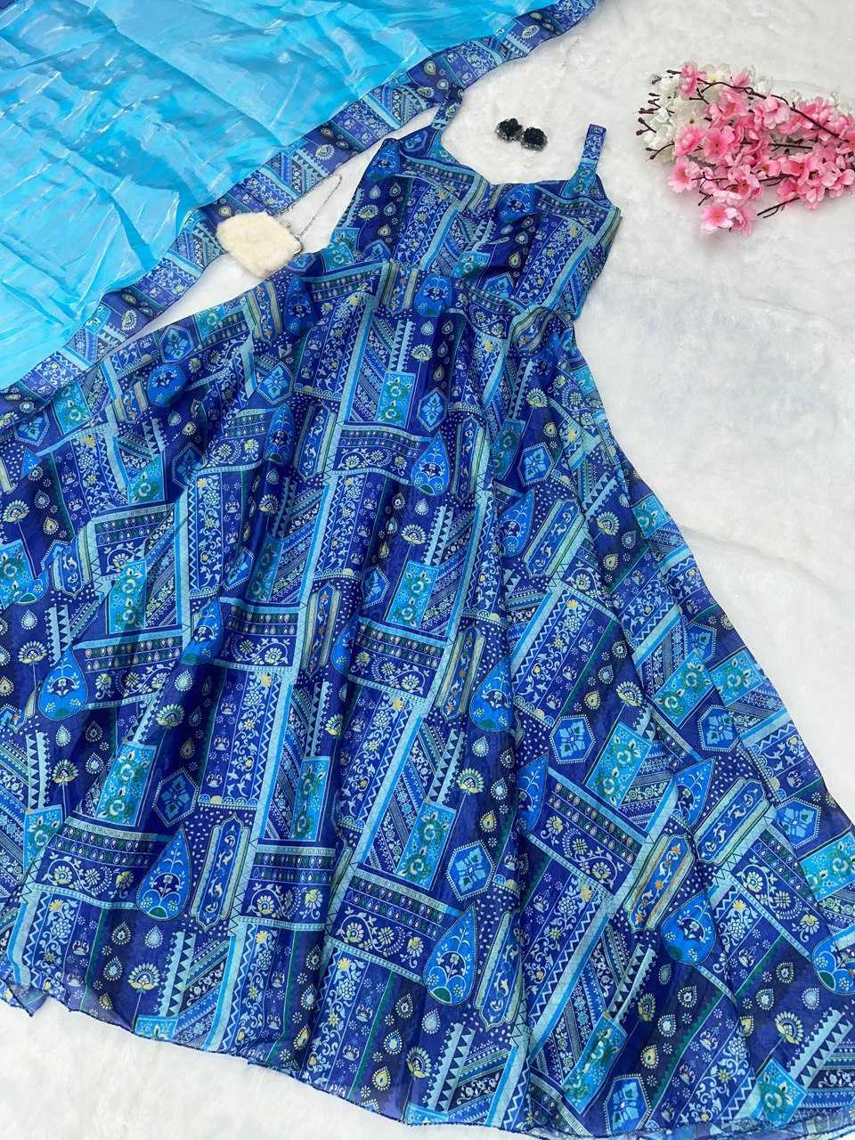 YNF JIMMY CHOO KESH154 264 GOWNS WHOLESALE PRINTED ANARKALI SILK SLEEVELESS GOWNS MANUFACTURER