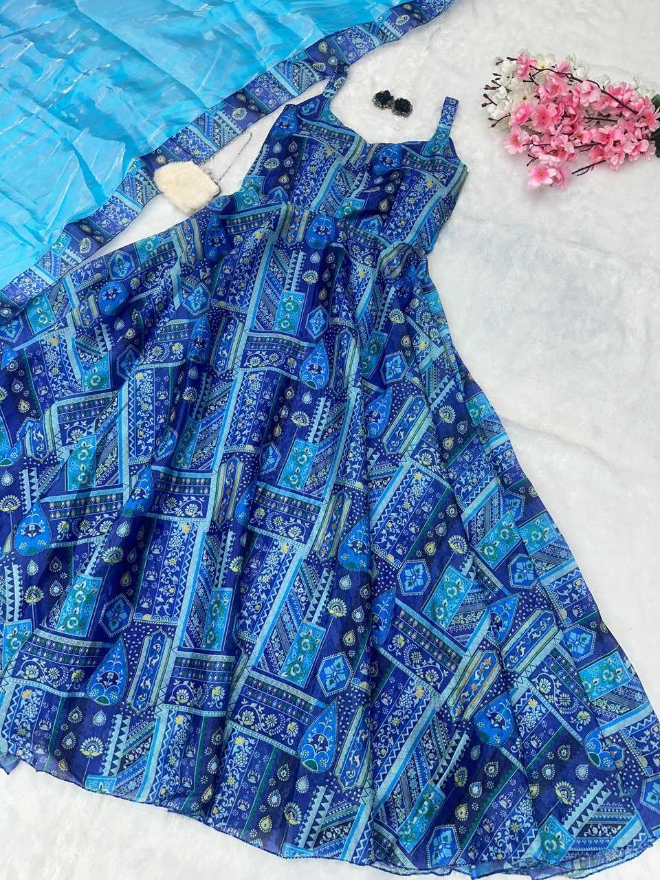 YNF JIMMY CHOO KESH154 264 GOWNS WHOLESALE PRINTED ANARKALI SILK SLEEVELESS GOWNS MANUFACTURER