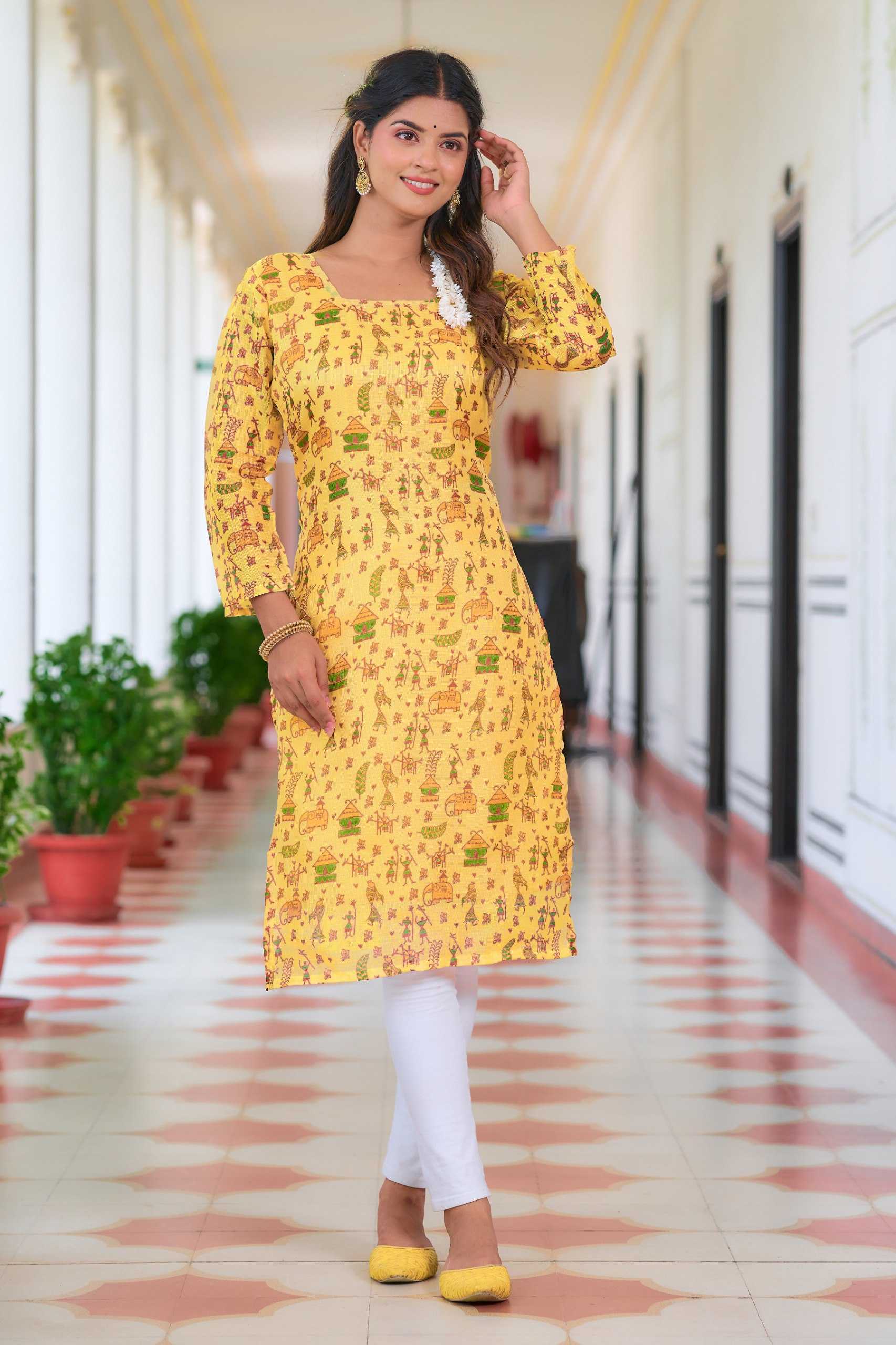 YNF KOTA CHEX KESH243 1037 KURTIS WHOLESALE PRINTED LADIES YELLOW FULL SLEEVE KURTIS MANUFACTURER